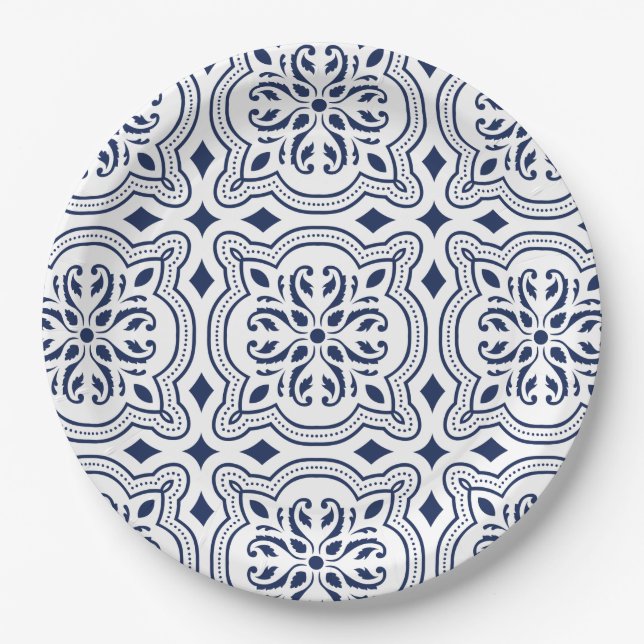 Assiettes En Carton Motif géométrique bleu marocain (Devant)