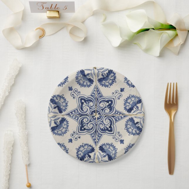 Assiettes En Carton Motif géométrique bleu vintage (Mariage)