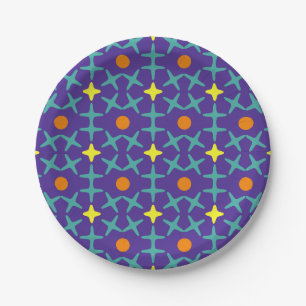 Assiettes En Carton Motif géométrique coloré avec croix bleue
