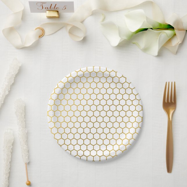 Assiettes En Carton Motif géométrique Hexagon blanc et or (Mariage)