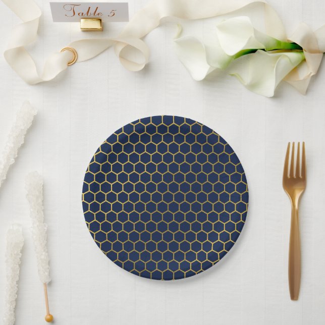 Assiettes En Carton Motif géométrique marine bleu et or Hexagon (Mariage)