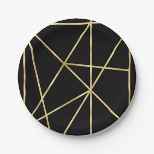 Assiettes En Carton Motif géométrique noir et or en feuille faux luxe