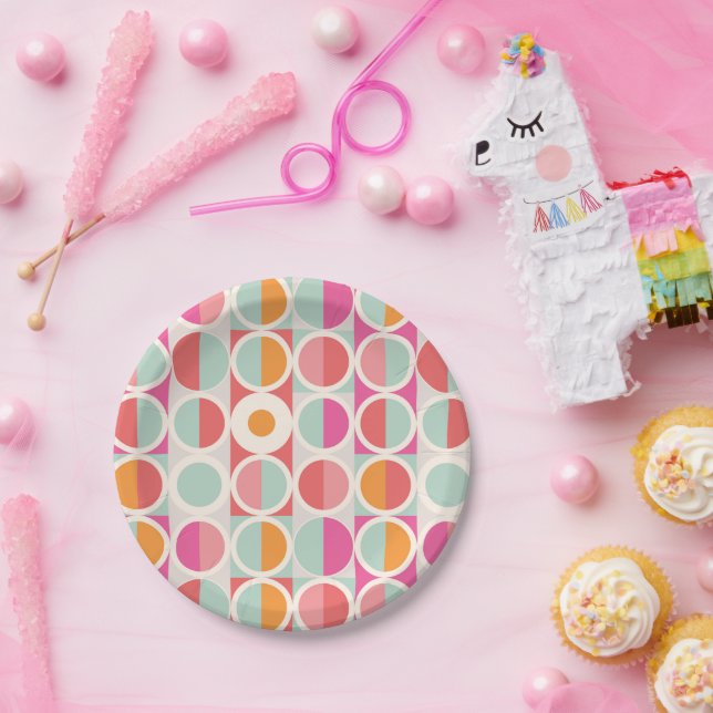 Assiettes En Carton Motif géométrique rose orange (Fête)