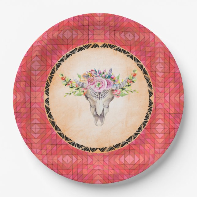 Assiettes En Carton Motif Géométrique Rouge Avec Crâne De Vache Floral (Devant)