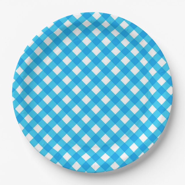 Assiettes En Carton Motif Gingham Bleu (Devant)