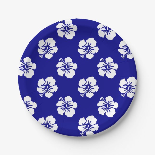Assiettes En Carton Motif Hawaïen Hibiscus Bleu et blanc (Devant)