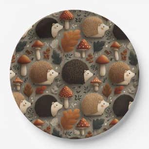 Assiettes En Carton Motif Hérisson & Champignon Automnal Fantaisiste