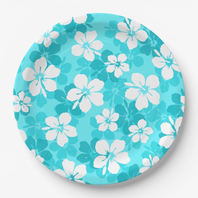 Assiettes En Carton Motif Hibiscus bleu tropical (Devant)
