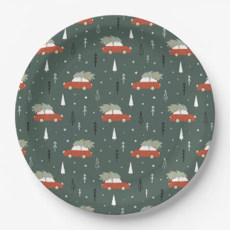 Assiettes En Carton Motif hivernal d'arbre de Noël de voiture rouge mi