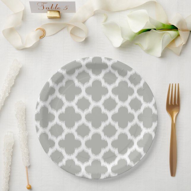 Assiettes En Carton Motif Ikat Quatrefoil Gris Beige (Mariage)