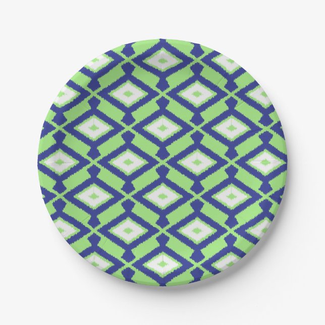 Assiettes En Carton Motif Ikat - Vert, Indigo Bleu et Blanc (Devant)
