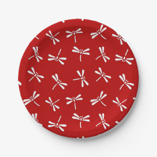 Assiettes En Carton Motif japonais de libellule, rouge-foncé et blanc