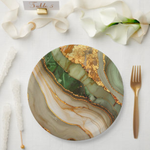 Assiettes En Carton Motif Marbre Vert Et Or
