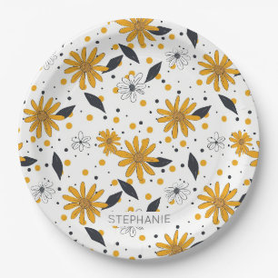 Assiettes En Carton Motif marguerrier jaune et blanc avec Feuilles fon