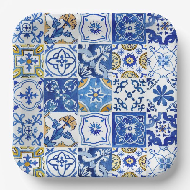 Assiettes En Carton Motif méditerranéen bleu, blanc et jaune (Recto)