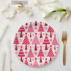 Assiettes En Carton Motif minimaliste de Noël rose et rouge