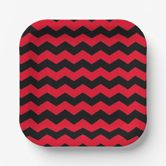 Assiettes En Carton Motif moderne Chevron rayures noir et rouge (Recto)