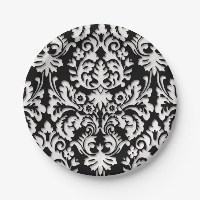 Assiettes En Carton Motif noir et blanc de damassé (Devant)