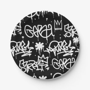 Assiettes En Carton Motif noir et blanc de graffiti