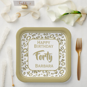 Assiettes En Carton Motif numérique aléatoire 40ème fête Or/Blanc