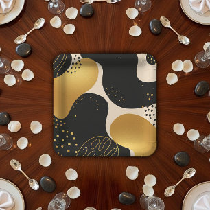 Assiettes En Carton Motif organique abstrait moderne noir et or