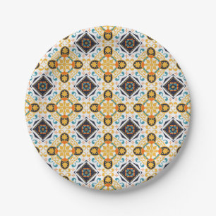 Assiettes En Carton Motif orné avec géométrique jaune et bleu 