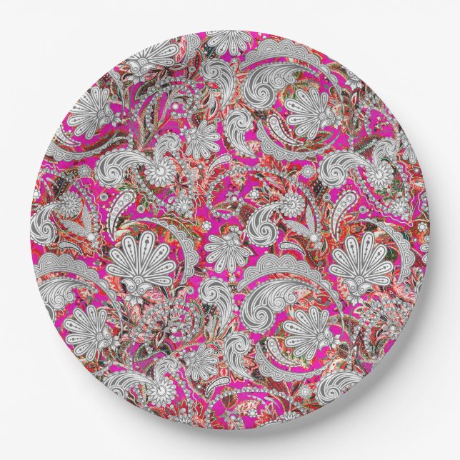 Assiettes En Carton Motif paisley blanc rose (Devant)