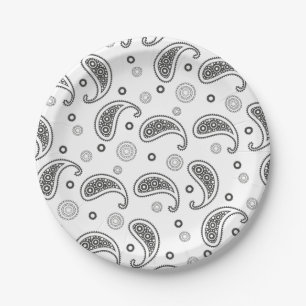 Assiettes En Carton Motif Paisley Noir et blanc