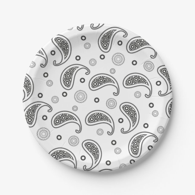 Assiettes En Carton Motif Paisley Noir et blanc (Devant)