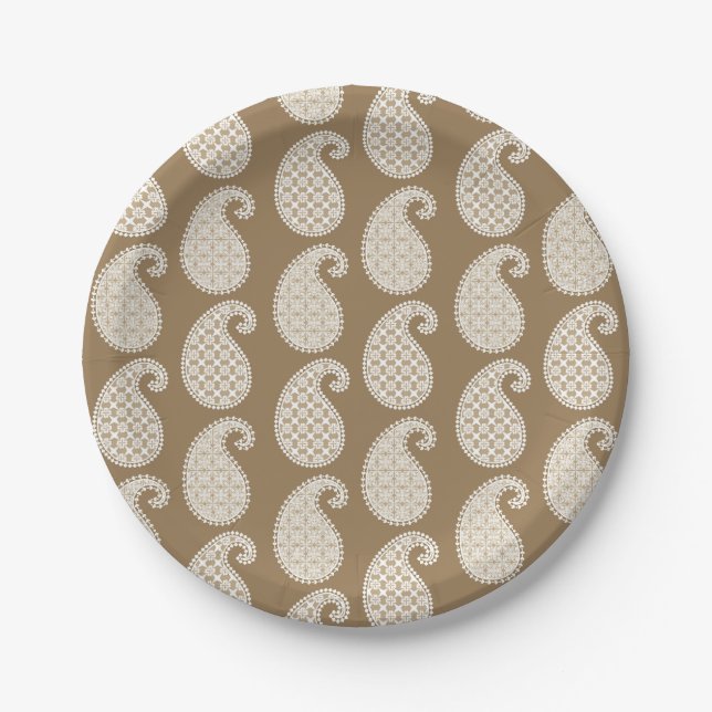 Assiettes En Carton Motif Paisley, taupe tan et blanc (Devant)