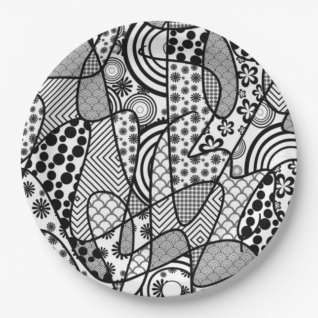 Assiettes En Carton Motif Patchwork Noir & Blanc 02 (Devant)