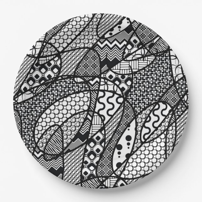Assiettes En Carton Motif Patchwork Noir & Blanc 05 (Devant)