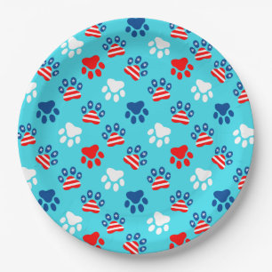 Assiettes En Carton Motif Patriotique Rouge Blanc et Bleu Chien Paws