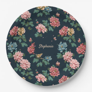 Assiettes En Carton Motif Peony vintage coloré sur Arrière - plan noir