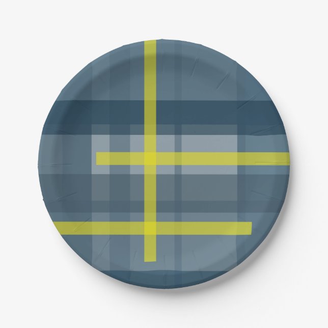 Assiettes En Carton Motif plaid bleu et jaune (Devant)