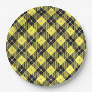 Assiettes En Carton Motif plaid tendance noir Jaune