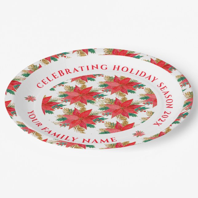 Assiettes En Carton Motif poinsettia rouge et or (Angle)