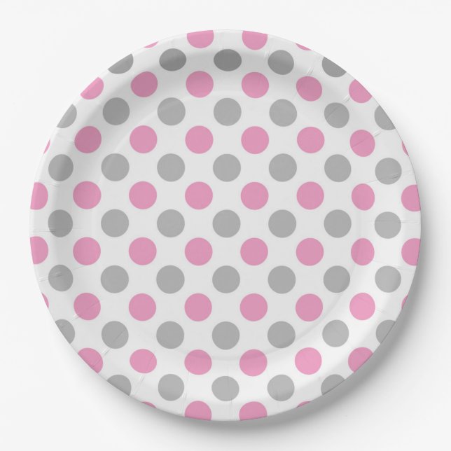 Assiettes En Carton Motif pois rose et gris (Devant)