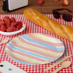 Assiettes En Carton Motif rayures aquarelles rose corail jaune bleu