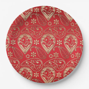 Assiettes En Carton Motif Red Gold Paisley Bandana