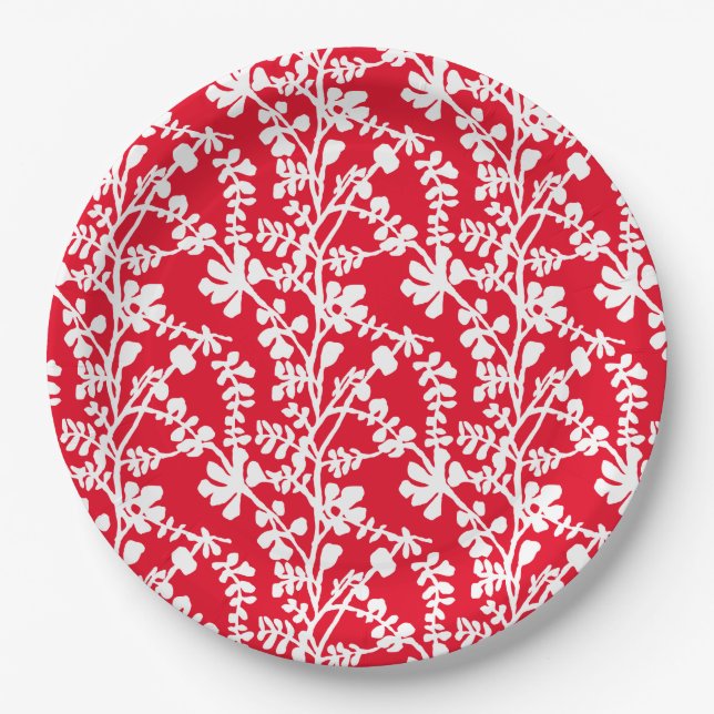 Assiettes En Carton Motif répété Floral Rouge Et Blanc (Devant)