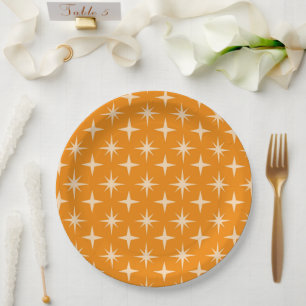 Assiettes En Carton Motif Rétro Atomique sur fond Orange 