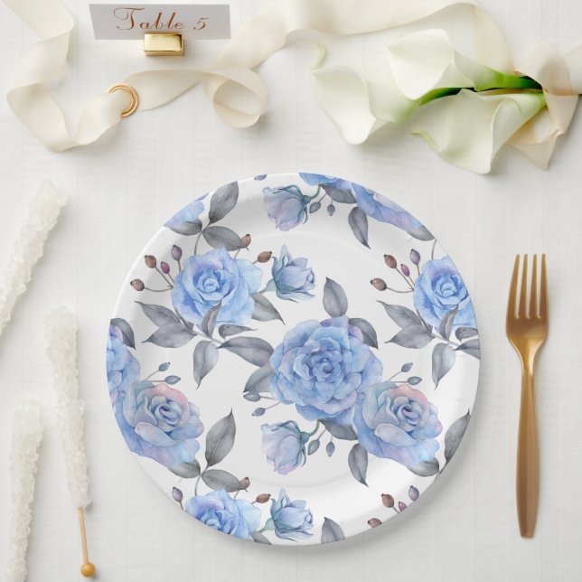 Assiettes En Carton Motif rose bleu pastel (Mariage)