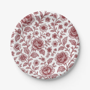 Assiettes En Carton Motif Rose Vintage rouge foncé