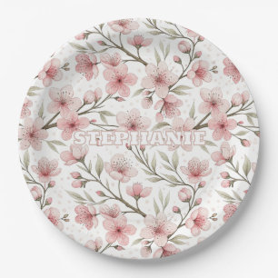 Assiettes En Carton Motif Sakura en fleurs de cerises roses sur blanc