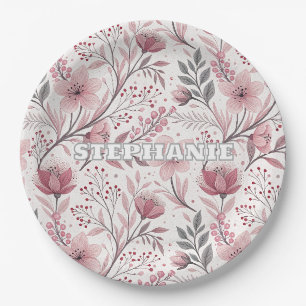 Assiettes En Carton Motif Sakura en fleurs de cerises roses sur blanc