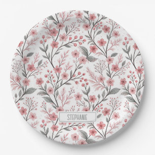Assiettes En Carton Motif Sakura en fleurs de cerises roses sur blanc 