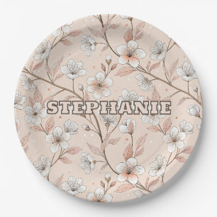Assiettes En Carton Motif Sakura en fleurs de cerisier rose sur rose (