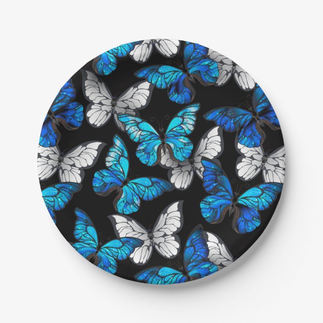 Assiettes En Carton Motif sans couleur foncée avec papillons bleus Mor (Devant)