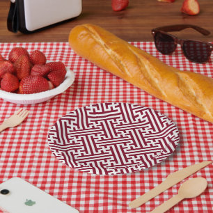 Assiettes En Carton Motif Sayagata, Japonais, Bourgogne et Blanc